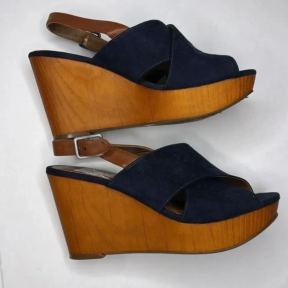 Lucky Brand Sandals size 8b Merrona Blue Suede Platform Wedge Slingback Peep Toe - Picture 4 of 7